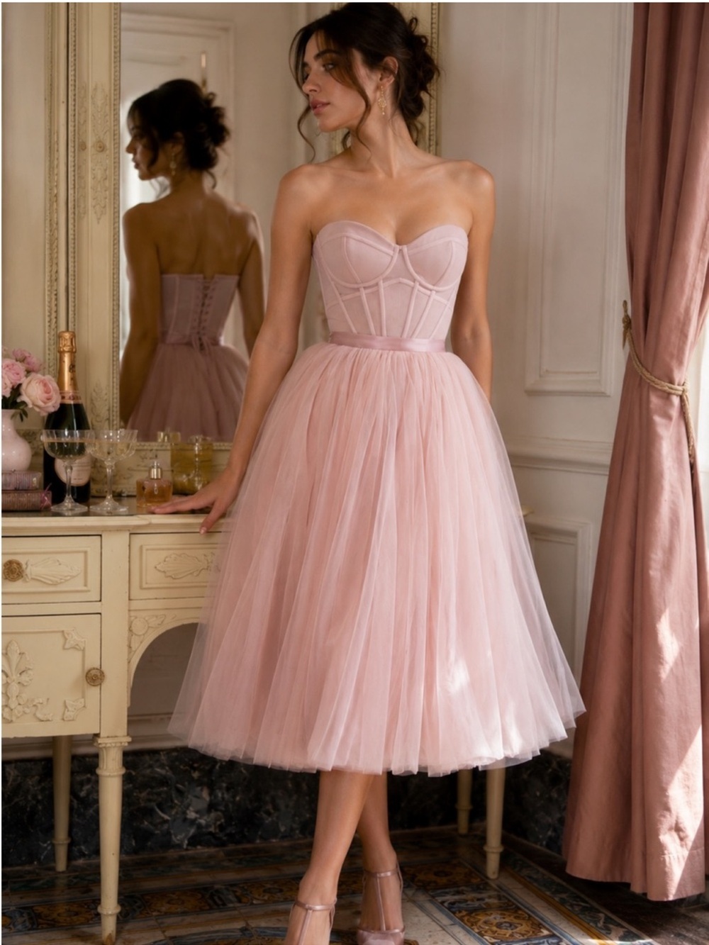 House Of Cb Darling French Rose Tulle Midi Dress